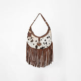American Darling Spotted Cowhide Leather Fringe Hobo Shoulder Bag with Concho
