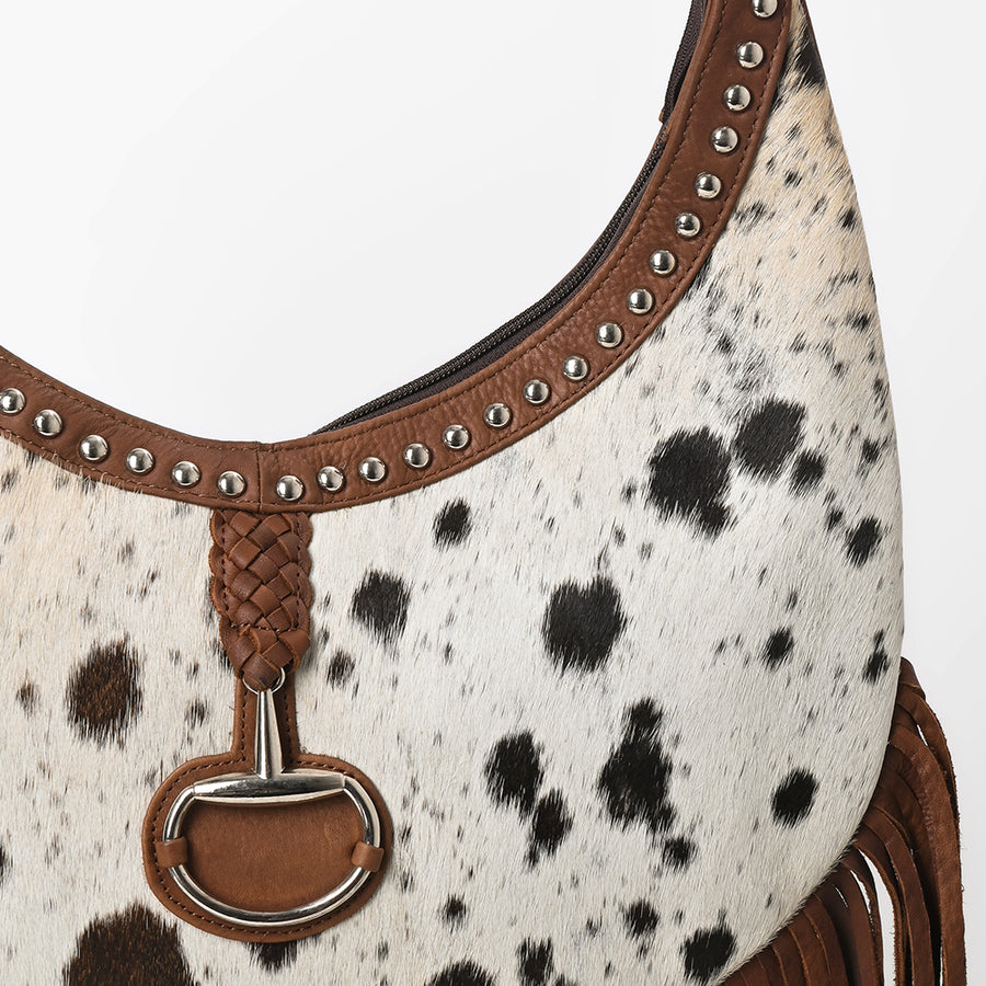 American Darling Spotted Cowhide Leather Fringe Hobo Shoulder Bag with Concho