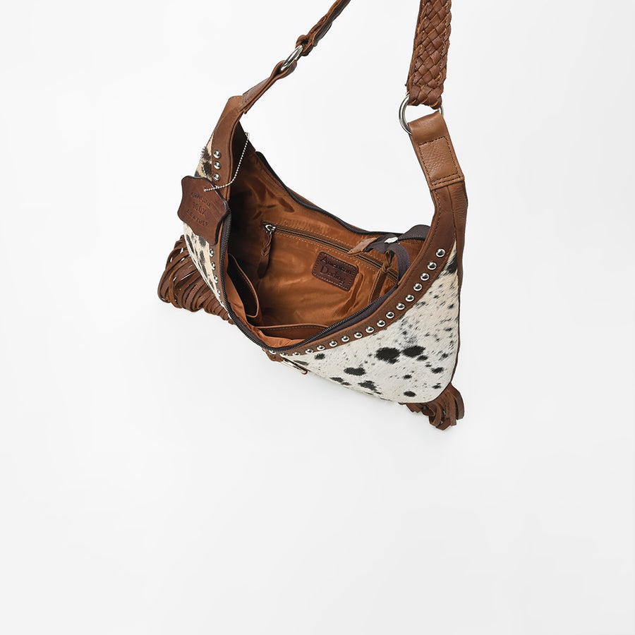 American Darling Spotted Cowhide Leather Fringe Hobo Shoulder Bag with Concho
