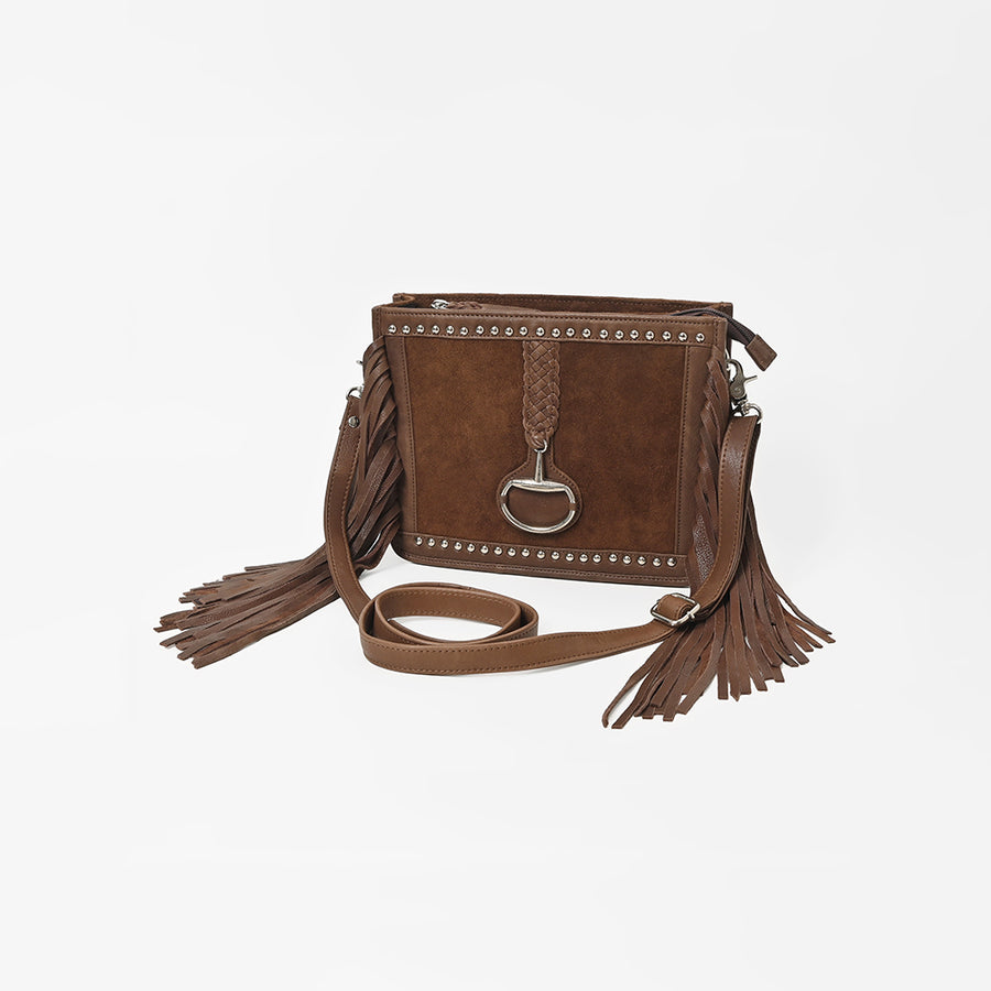 American Darling Western Fringe Crossbody Bag for Women, Studded Leather Purse with Horse Bit Accent, Brown