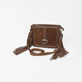 American Darling Western Fringe Crossbody Bag for Women, Studded Leather Purse with Horse Bit Accent, Brown