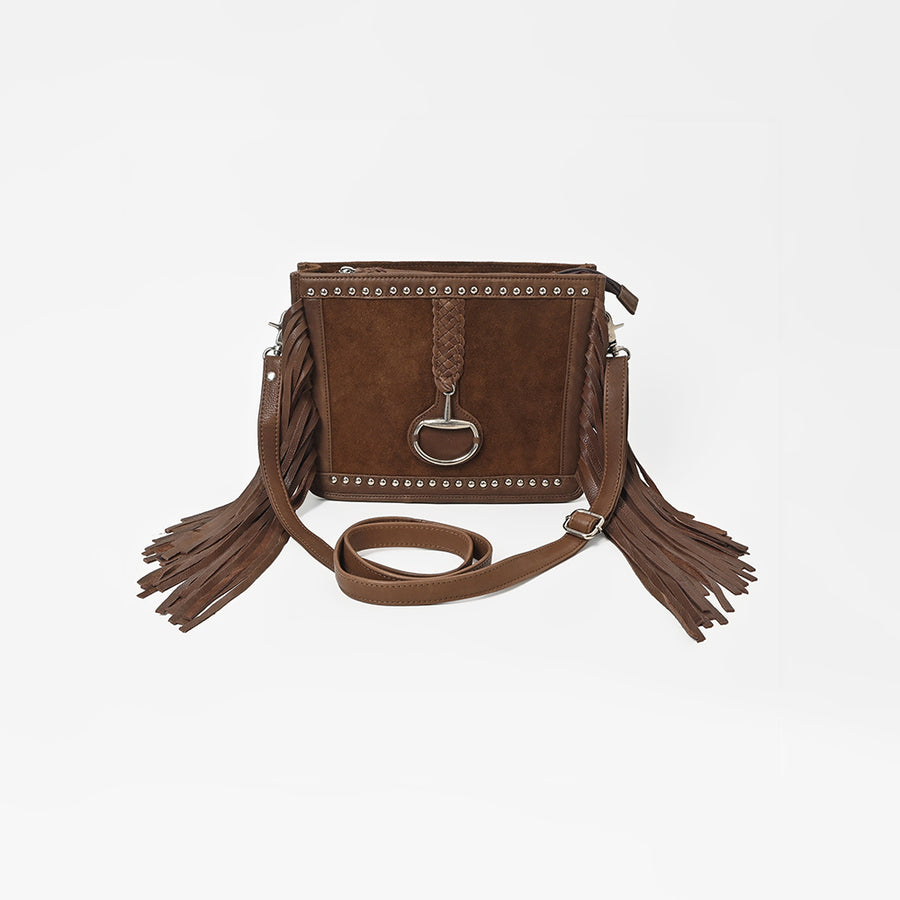 American Darling Western Fringe Crossbody Bag for Women, Studded Leather Purse with Horse Bit Accent, Brown