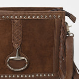 American Darling Western Fringe Crossbody Bag for Women, Studded Leather Purse with Horse Bit Accent, Brown