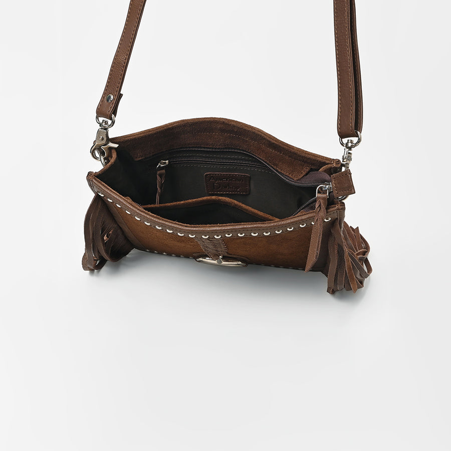 American Darling Western Fringe Crossbody Bag for Women, Studded Leather Purse with Horse Bit Accent, Brown