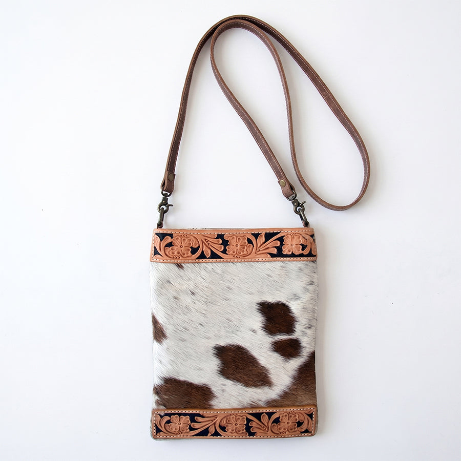 American Darling Hair-On Cowhide Leather Crossbody Bag for Women, Brown White Tooled Western Shoulder Purse, Premium Fashion Travel Gift