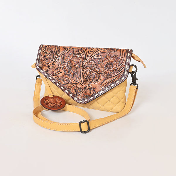 Cream quilted leather crossbody bag with tooled brown flap - Uhorse