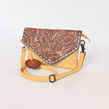 Cream quilted leather crossbody bag with tooled brown flap - Uhorse