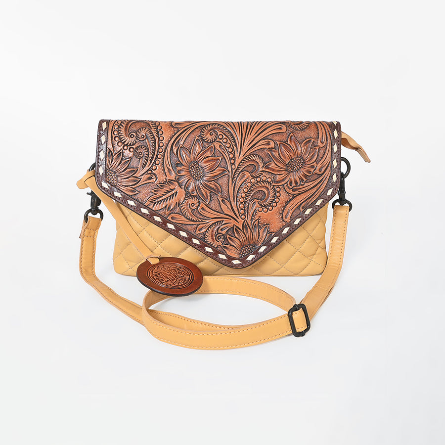 American Darling Yellow Leather Quilted Hand Tooled Flap Crossbody Bag