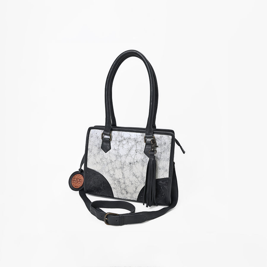 Brown and cream leather tote bag with tooled floral corners - Uhorse
