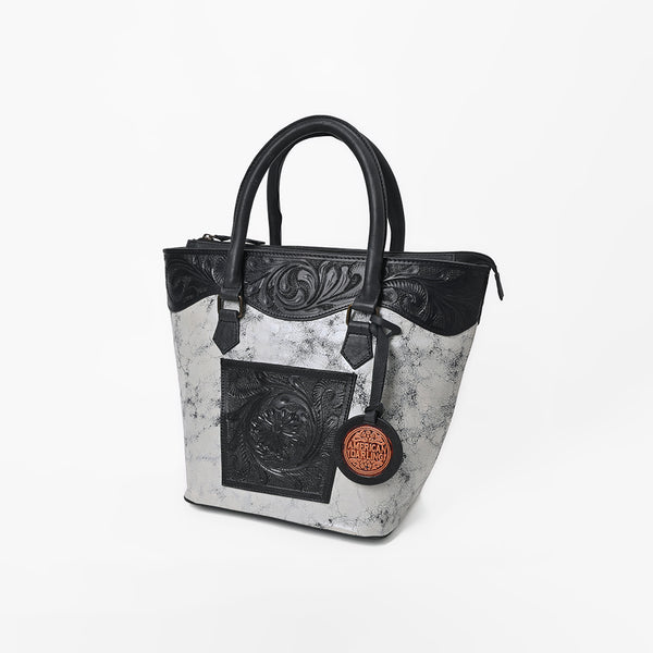 White and black leather tote bag with tooled leather accents - Uhorse