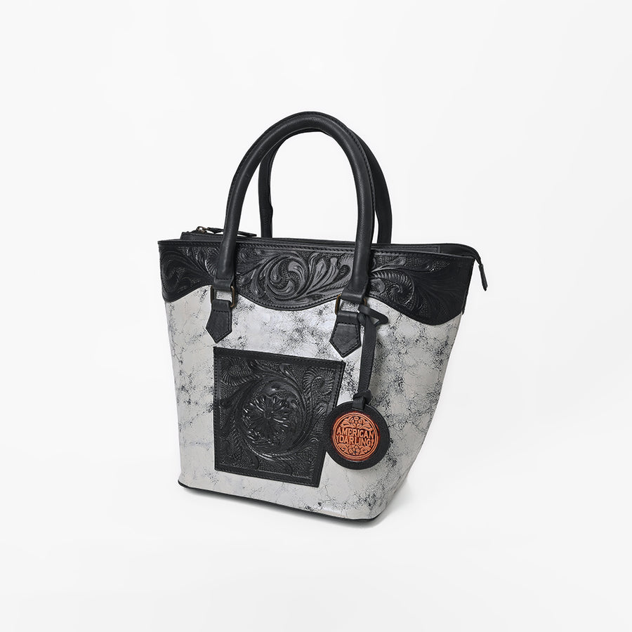 White and black leather tote bag with tooled leather accents - Uhorse