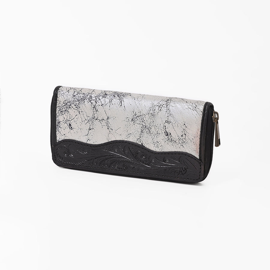 Black leather wallet with silver crackle print and tooled floral detail - Uhorse