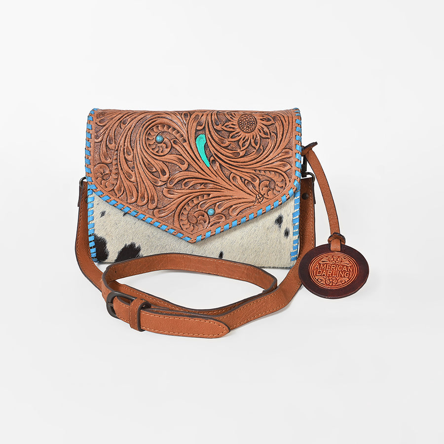 American Darling Hair-On Hide Crossbody Bag for Women, Tooled Leather Western Purse with Turquoise Detail