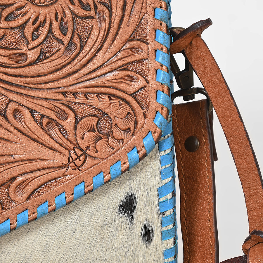 American Darling Hair-On Hide Crossbody Bag for Women, Tooled Leather Western Purse with Turquoise Detail