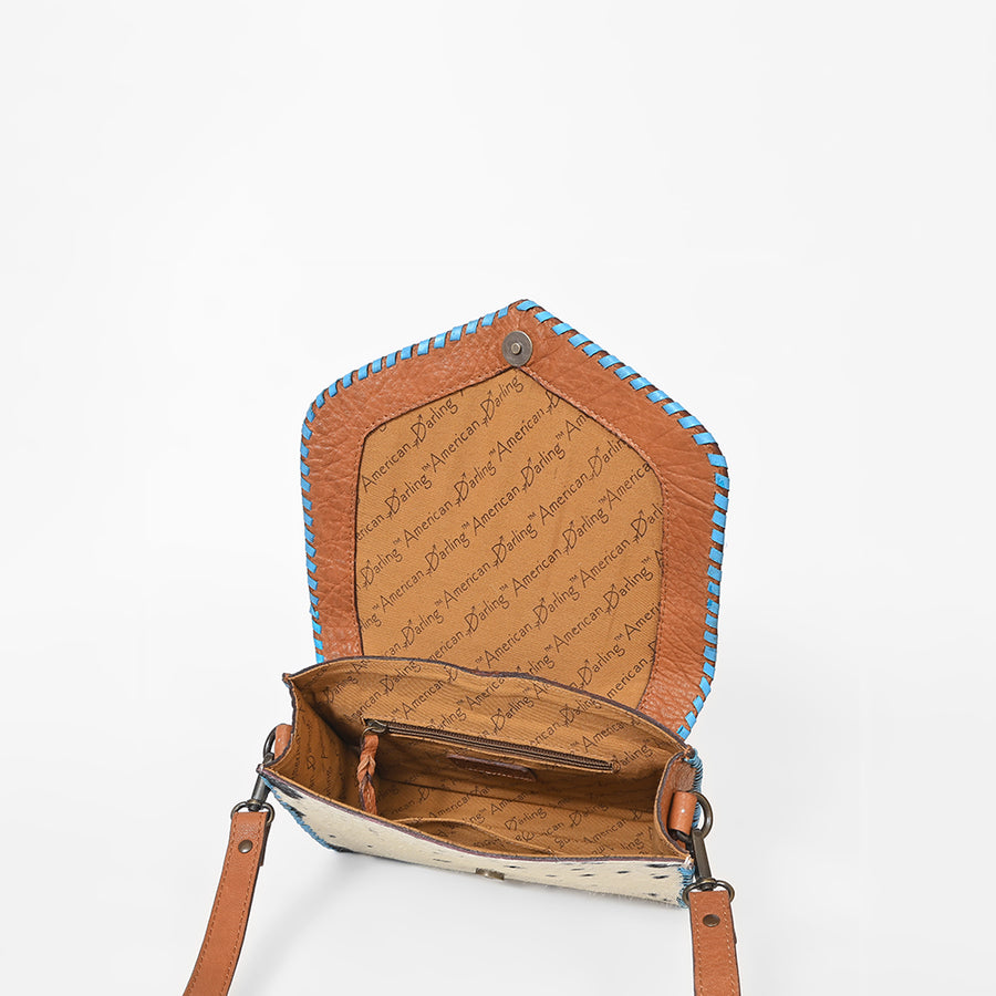 American Darling Hair-On Hide Crossbody Bag for Women, Tooled Leather Western Purse with Turquoise Detail