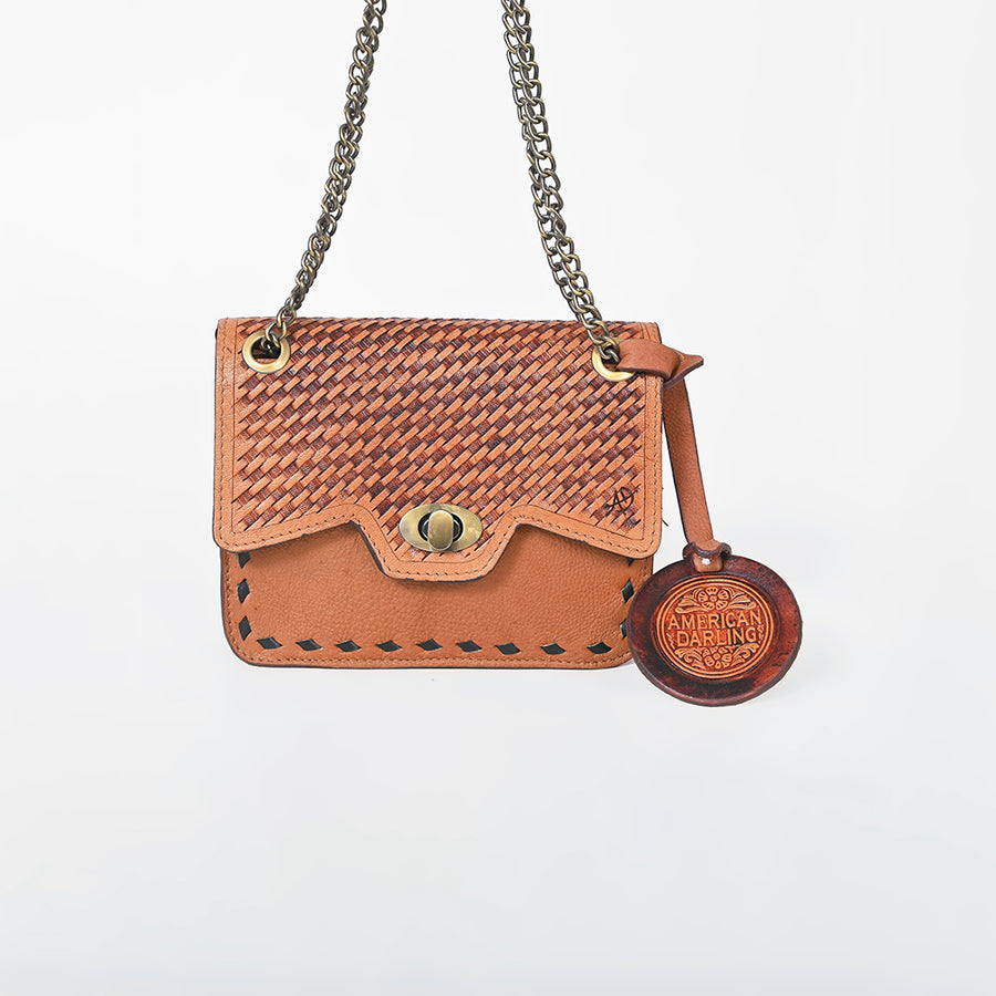 American Darling Genuine Leather Basketweave Tooled Crossbody Bag