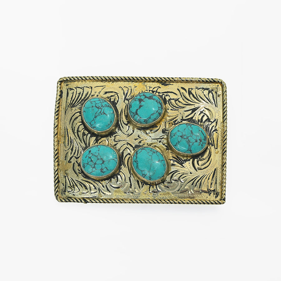 American Darling Belt Buckle Engraved Brass Turquoise Rhinestone Scrollwork - Uhorse