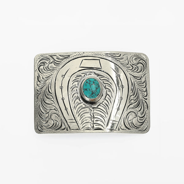 American Darling Western Horseshoe Belt Buckle with Faux Turquoise Stone – Engraved Silver Tone Cowboy Buckle