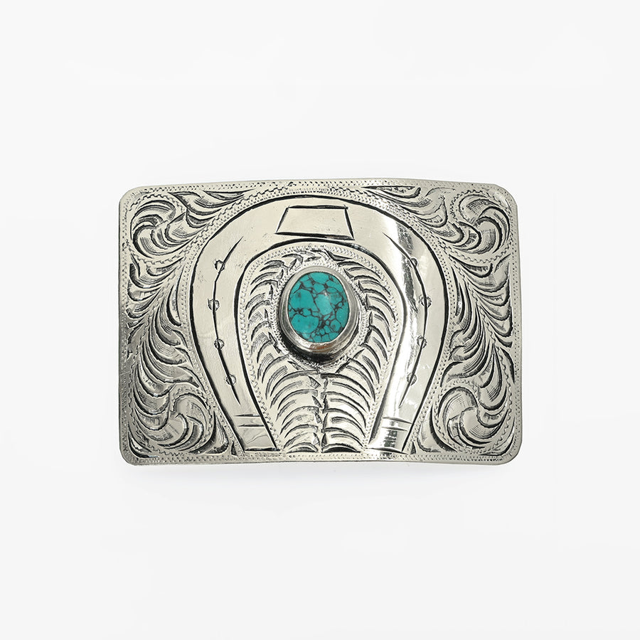 American Darling Western Horseshoe Belt Buckle with Faux Turquoise Stone – Engraved Silver Tone Cowboy Buckle