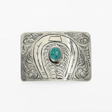 American Darling Western Horseshoe Belt Buckle with Faux Turquoise Stone – Engraved Silver Tone Cowboy Buckle