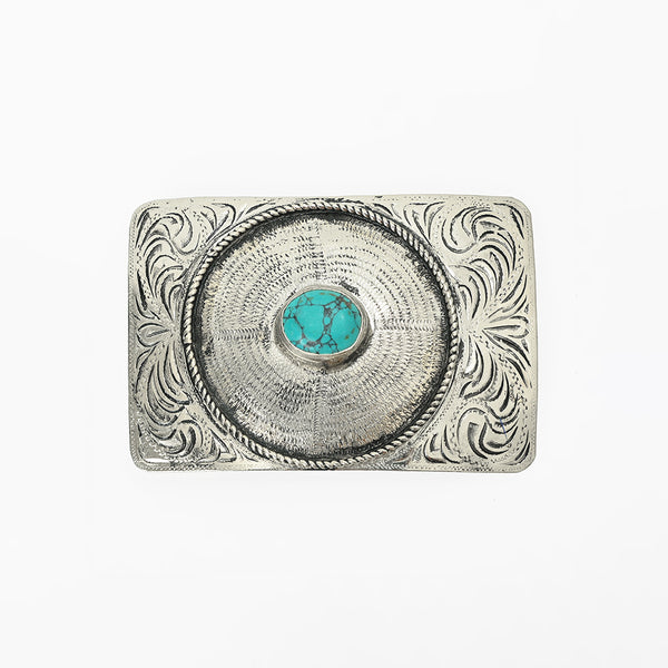 American Darling Western Engraved Sunburst Belt Buckle with Turquoise Stone – Antique Silver Tone Cowboy Buckle