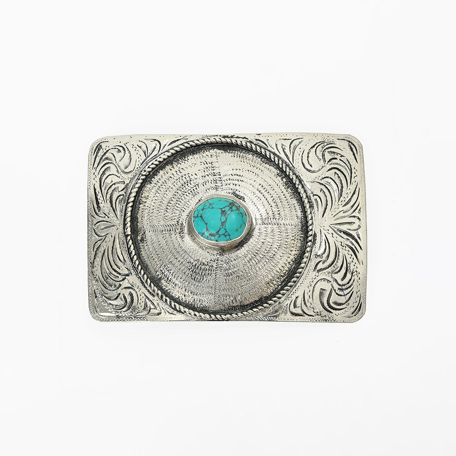 American Darling Western Engraved Sunburst Belt Buckle with Turquoise Stone – Antique Silver Tone Cowboy Buckle