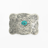 American Darling Western Scalloped Edge Floral Engraved Belt Buckle with Turquoise Stone – Antique Silver Tone Cowboy Buckle