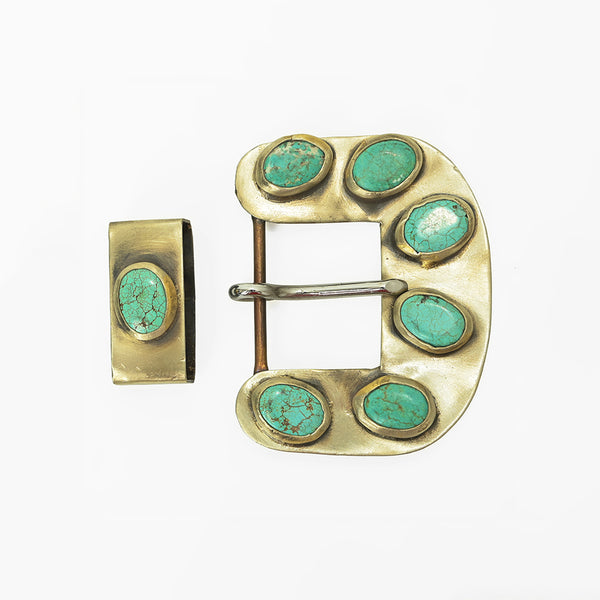 American Darling Vintage Southwest Turquoise Belt Buckle and Keeper Set – Brushed Gold Tone Cowboy Buckle Hardware
