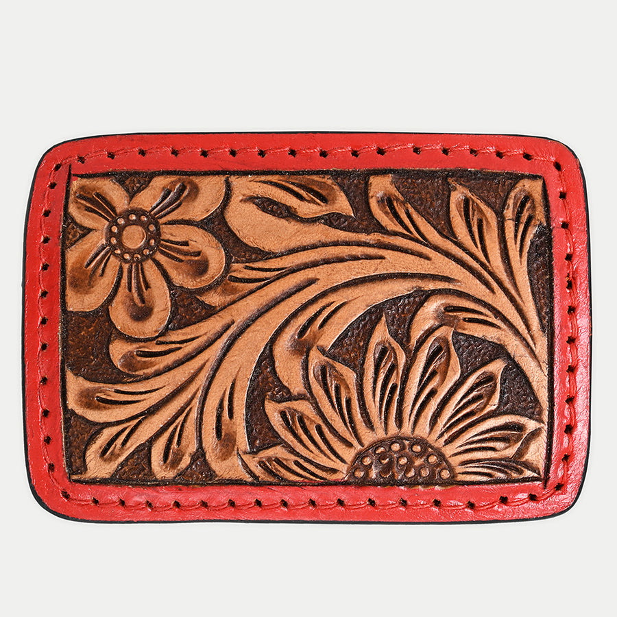 Leather belt buckle with black metal hardware and red stitching - Uhorse