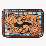 Leather belt buckle with black metal loop and tan leather backing - Uhorse