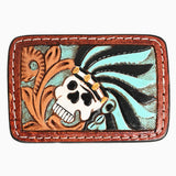 AMERICAN DARLING Skull Hand Carved Painted Belt Buckle Genuine Leather Covered Stylish Buckle Brown - Uhorse
