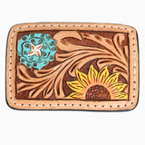 AMERICAN DARLING Floral Hand Carved Painted Belt Buckle Genuine Leather Covered Stylish - Uhorse