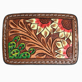 AMERICAN DARLING Floral Hand Carved Painted Belt Buckle Genuine Leather Covered Stylish Brown - Uhorse