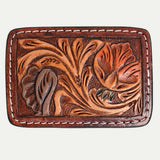 AMERICAN DARLING Floral Hand Carved Painted Belt Buckle Genuine Leather Covered Stylish Buckle Brown - Uhorse