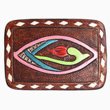 AMERICAN DARLING Floral Hand Carved Painted Belt Buckle Genuine Leather Covered Stylish Brown - Uhorse