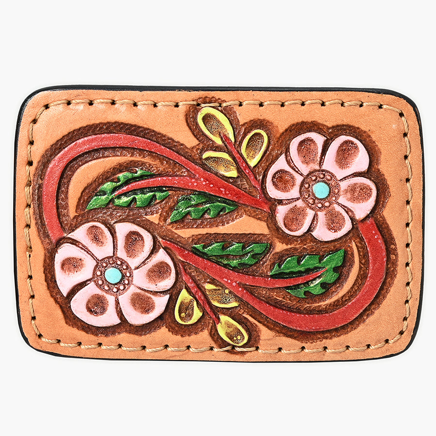 AMERICAN DARLING Floral Hand Carved Painted Belt Buckle Genuine Leather Covered Stylish Tan - Uhorse