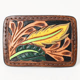 AMERICAN DARLING Floral Hand Carved Painted Belt Buckle Genuine Leather Covered Stylish Brown - Uhorse