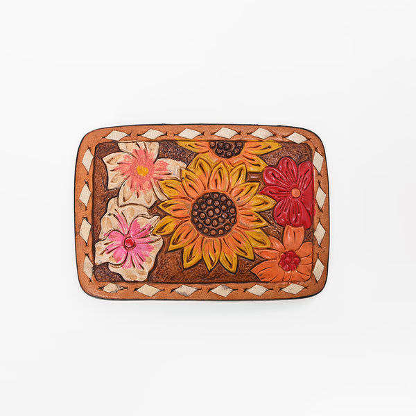 AMERICAN DARLING Floral Hand Tooled Painted Belt Buckle Genuine Leather Sunflower Brown