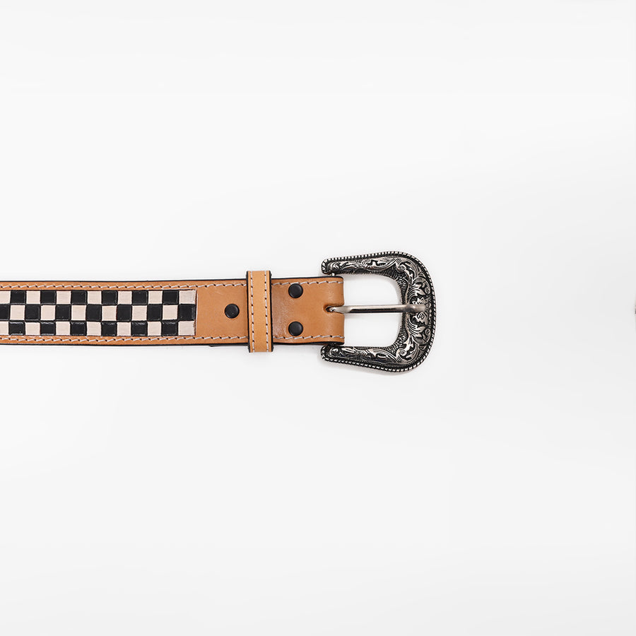 American Darling Women's Western Leather Belt Hand Tooled Checkerboard