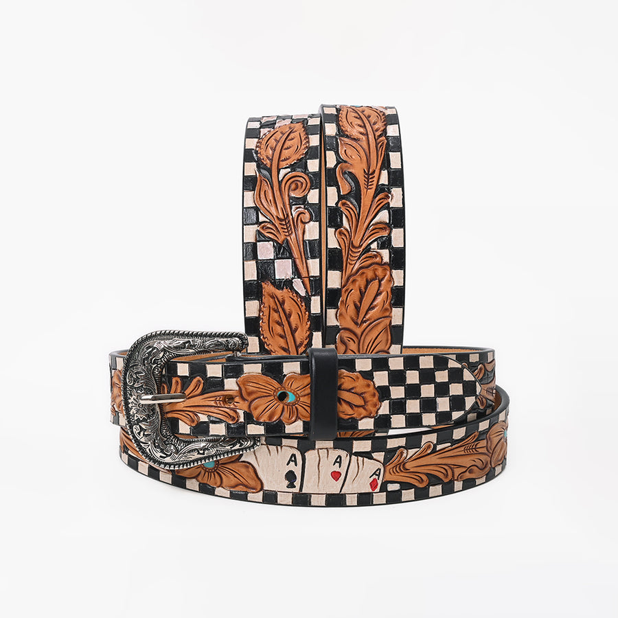 American Darling Womens Leather Belt Hand Tooled Playing Card Checkerboard