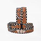 American Darling Womens Leather Belt Hand Tooled Playing Card Checkerboard