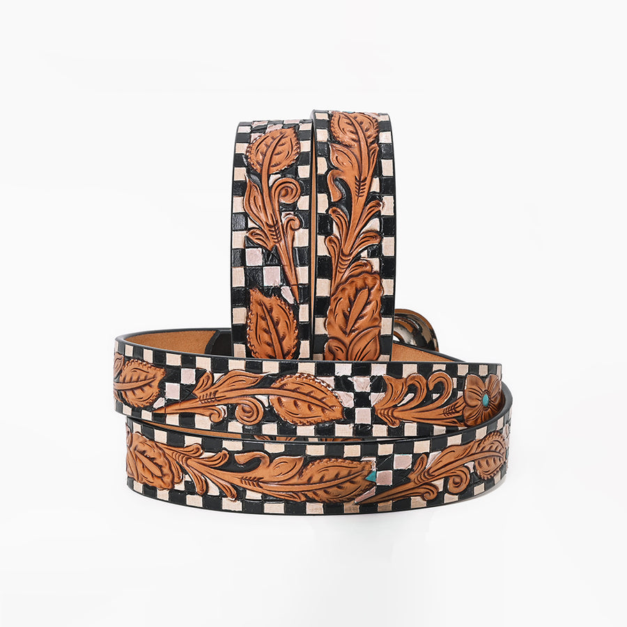 American Darling Womens Leather Belt Hand Tooled Playing Card Checkerboard