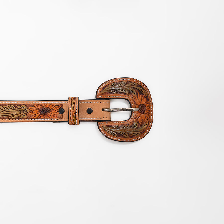 American Darling Women's Sunflower Leather Belt Hand Tooled Covered Buckle