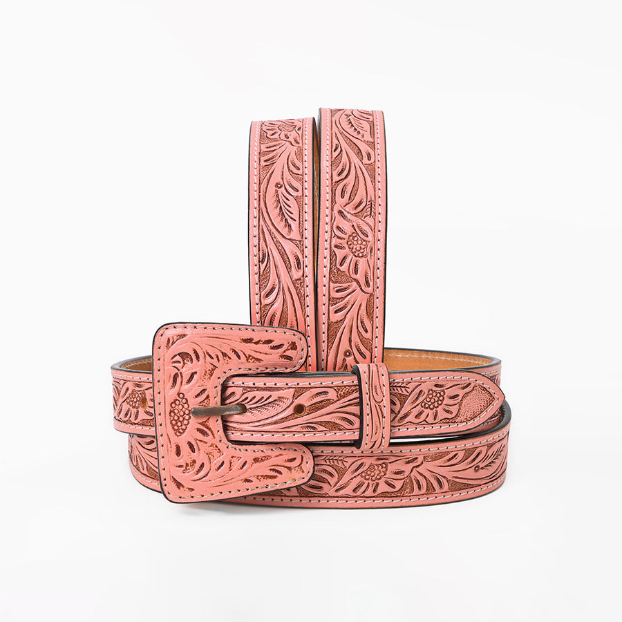 American Darling Women Pink Leather Belt Hand Tooled Covered Buckle Floral