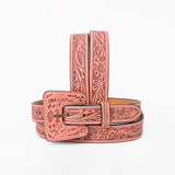 American Darling Women Pink Leather Belt Hand Tooled Covered Buckle Floral
