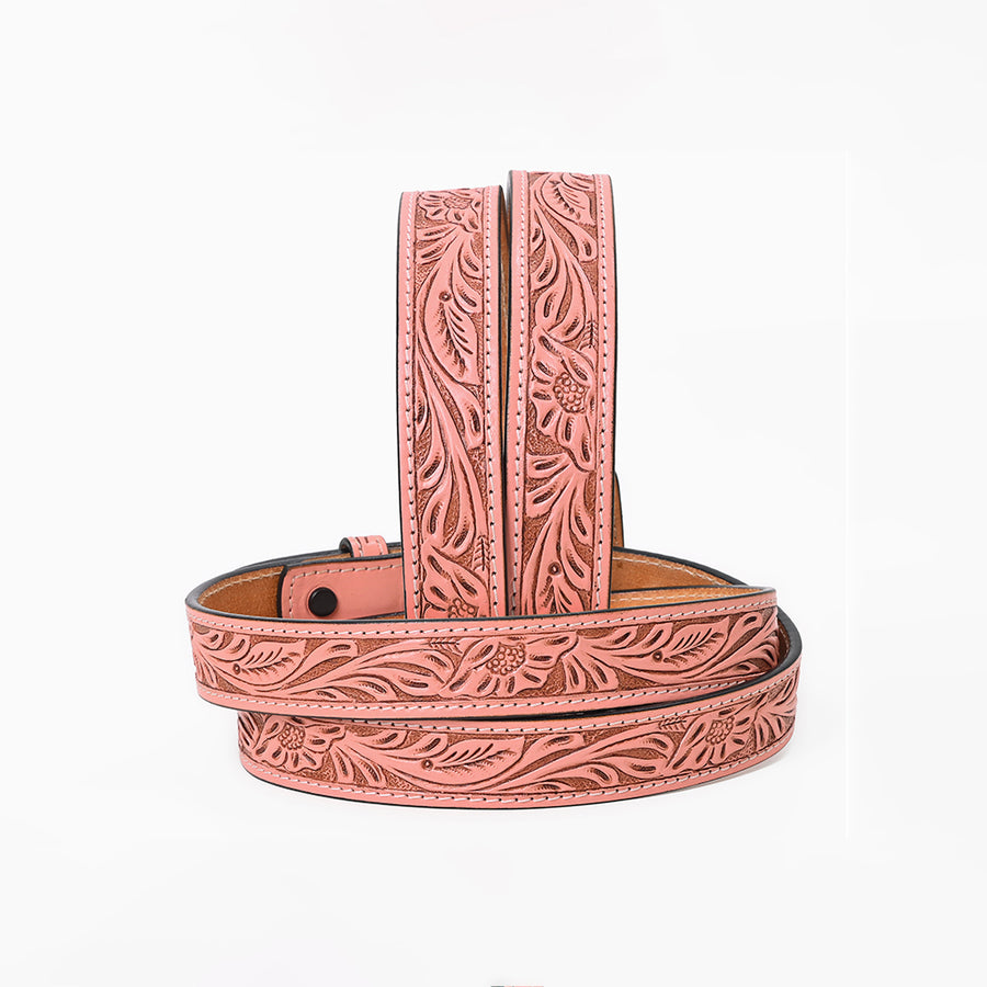 American Darling Women Pink Leather Belt Hand Tooled Covered Buckle Floral