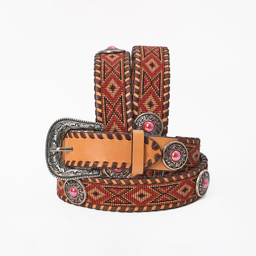 American Darling Western Women's Red Beaded Leather Belt Red Stone Concho