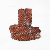 American Darling Western Women's Red Beaded Leather Belt Red Stone Concho