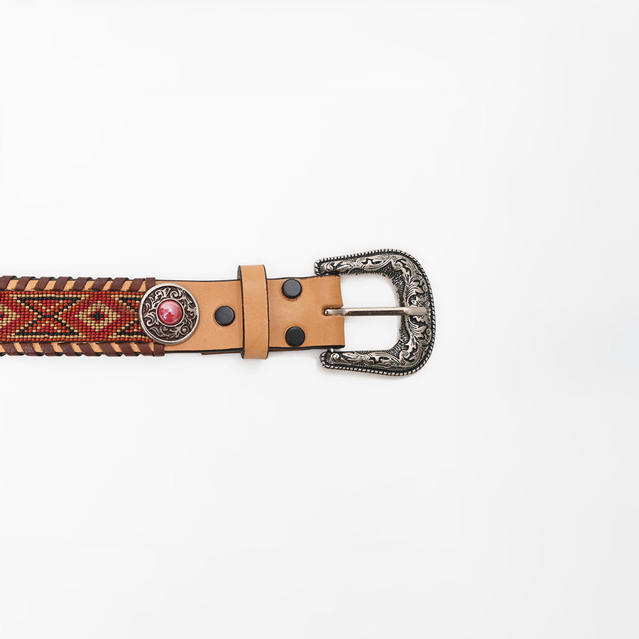 American Darling Western Women's Red Beaded Leather Belt Red Stone Concho