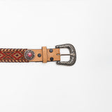 American Darling Western Women's Red Beaded Leather Belt Red Stone Concho